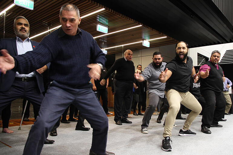 Tairawhiti performing Ruaumoko on Saturday evening. That's the Rev Jimmy Green at left, next to Isaac Beach, and Bishop Don Tamihere. Tairawhiti performing Ruaumoko on Saturday evening. That's the Rev Jimmy Green at left, next to Isaac Beach, and Bishop Don Tamihere.