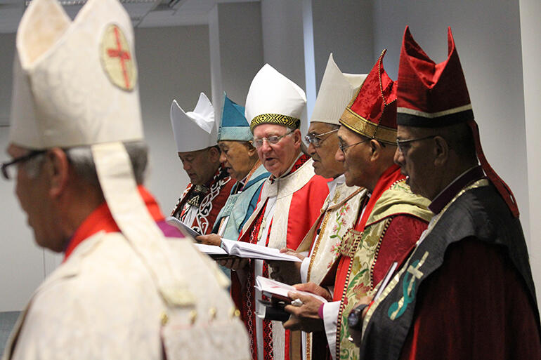 The Pihopatanga bishops - including Bishop George Connor - gather for worship.