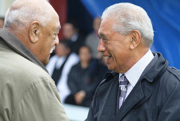 The paramount chief of Ngati Tuwharetoa, Sir Tumu Te Heuheu (right) greets his Ngati Porou counerpart, Api Mahuika.