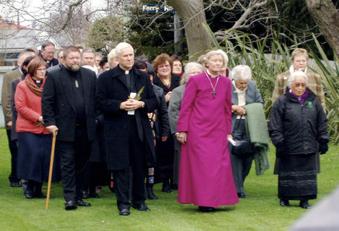 Bishop Victoria and Dean Peter Beck lead the diocesan party on to the marae.
