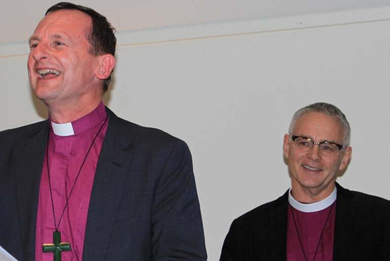 Bishops Ross Bay and Jim White enjoy a lighter moment of the Auckland synod.