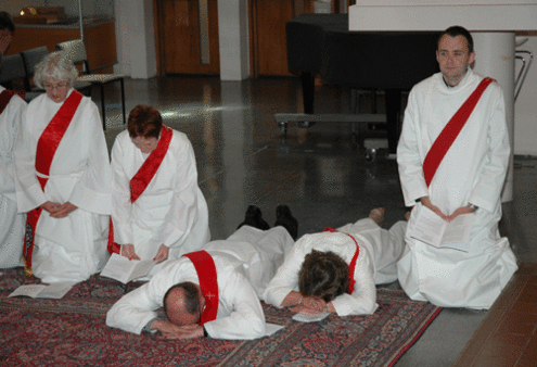  Wellington ordinands prostrate themselves as the Holy Spirit is invoked. Photo/Jay Berryman