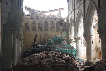 The west end of ChristChurch Cathedral – minus the much-loved Rose Window.
