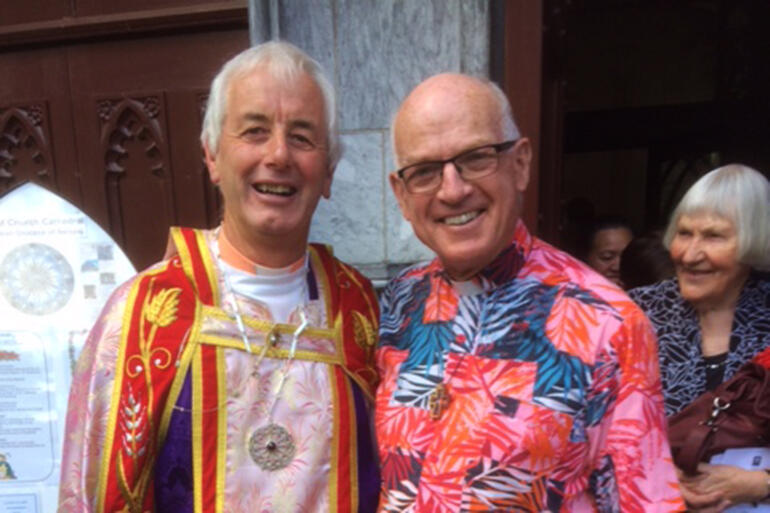 Dean Mike Hawke with Canon John Neal. John's restrained shirt honour's Mike's new gear - and his muted clerical shirts.