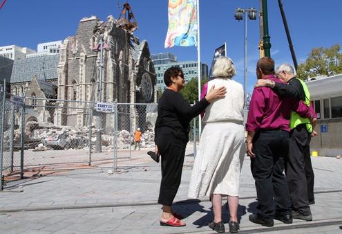 File Shot: Mrs Helen Gray (left) with Bishops Matthews and John Gray and Dean Peter Beck after the February quake.