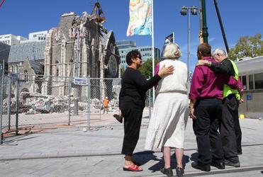 File Shot: Mrs Helen Gray (left) with Bishops Matthews and John Gray and Dean Peter Beck after the February quake.