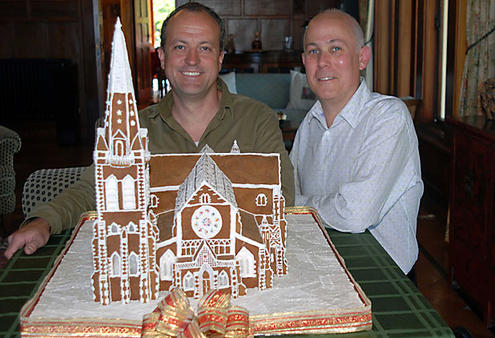 James Boussy (left) and James Glucksman with their gingerbread ChristChurch Cathedral. Photo/The Press