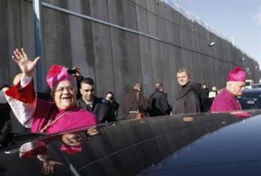 The Latin Patriarch of Jerusalem, Fouad Twal, approaches a checkpoint on his way to the Church of the Nativity in Bethlehem. Photo/Reuters  