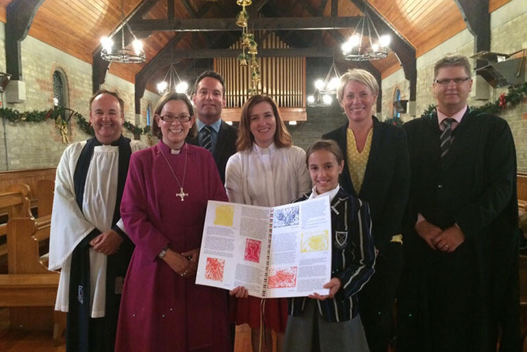 From left: Rev Neale Troon, Bishop Helen-Anne, Damian Mills, Rev Ellen Bernstein, Greta Wathen-Smith, Jane Savage and Royce Helm (headmaster).  