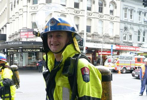 Bishop Bay, kitted up and ready to climb the 28 levels of the Queen St BNZ tower.