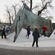 Before the dedication ceremony gets underway, these kids explore the Mountain Fountain's angles.