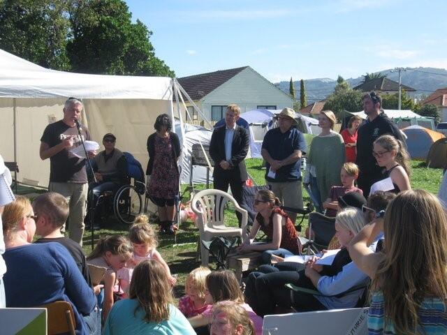 Martin Robinson speaks to the assembled supporters - who include the mayor and councillors of Hutt City, and local MPs.