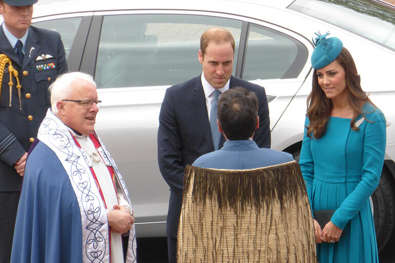 The royal couple with Dean Trevor James outside the Cathedral.