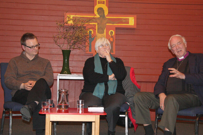 The three panellists at All Saints: David Tombs, Marian Hobbs, and Richard Randerson.