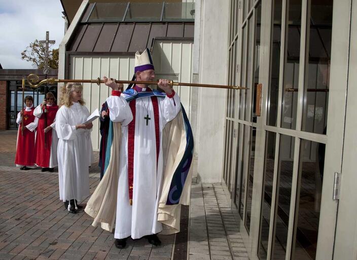 Auckland's new Bishop knocks on the cathedral door. Auckland's new Bishop knocks on the cathedral door.