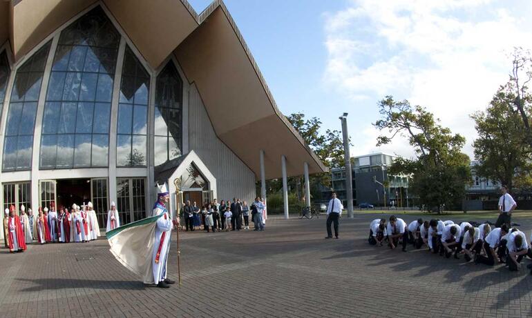 King's College pupils perform a haka at the conclusion of the Auckland episcopal ordination. Picture, Simon Woolf. King's College pupils perform a haka at the conclusion of the Auckland episcopal ordination. Picture, Simon Woolf.