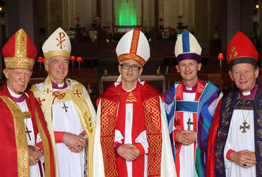 Auckland bishops, past and present: L-R: Bruce Moore, Richard Randerson, Jim White, Ross Bay and John Paterson.