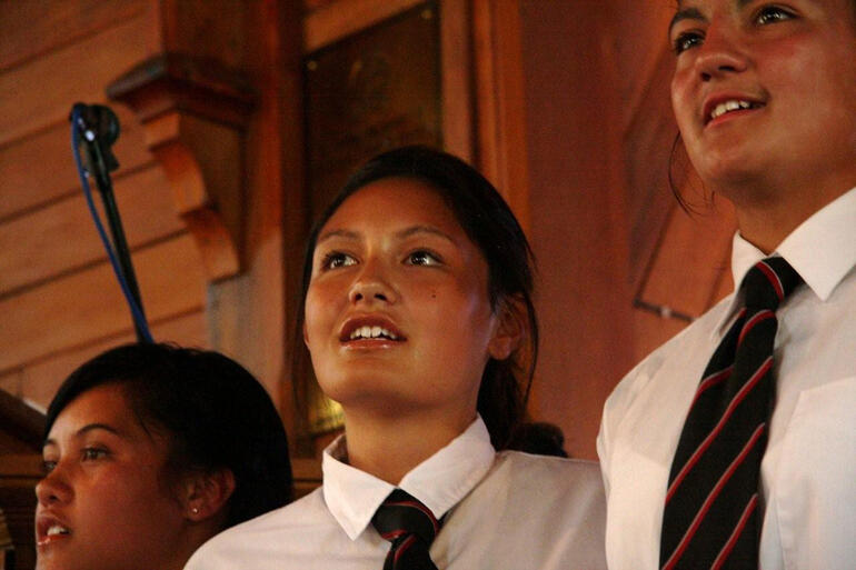 A Hukarere College choir leads the Lord's Prayer during Waiapu's 150th celebrations at Pukehou.