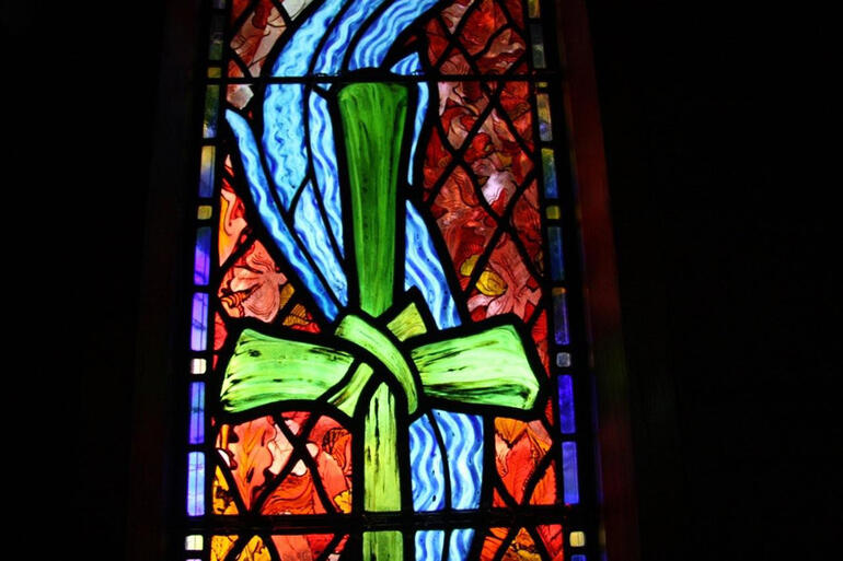 The upper part of the new stained-glass window at Christ Church Pukehou