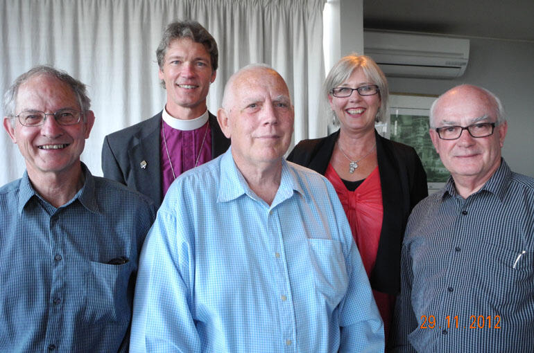 Registrars through the ages: (from left) Neil Eagles, Bishop David Rice, Cliff Houston, Colleen Kaye and Robin Nairn.