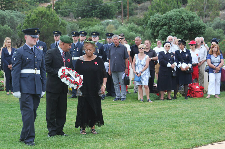 May and Colenso prepare to lay a wreath in honour of the fallen of the 28 Maori Battalion at Souda Bay War Cemetery.