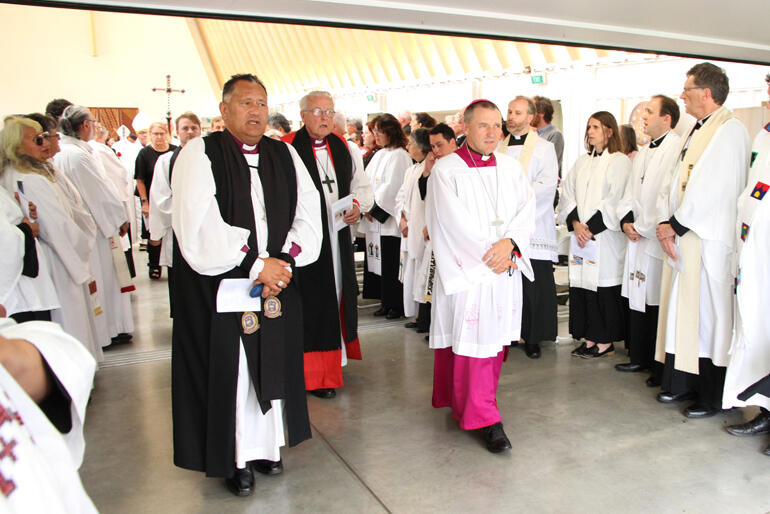 Bishop Justin Duckworth, Bishop David Coles and Catholic Bishop of Christchurch Michael Gielen depart +Richard's service.