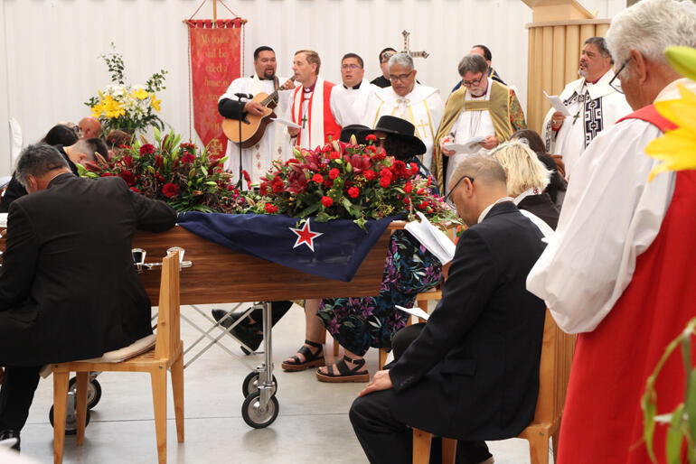 Bishop Richard's funeral cortege pauses for prayers of thanksgiving at the Transitional Cathedral in Ōtautahi Christchurch.