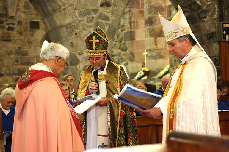 Archbishop Philip installs Archdeacon Tiki as Cathedral Kaumatua - having apologised for St Mary's use as a garrison church during the Land Wars. Archbishop Philip installs Archdeacon Tiki as Cathedral Kaumatua - having apologised for St Mary's use as a garrison church during the Land Wars.