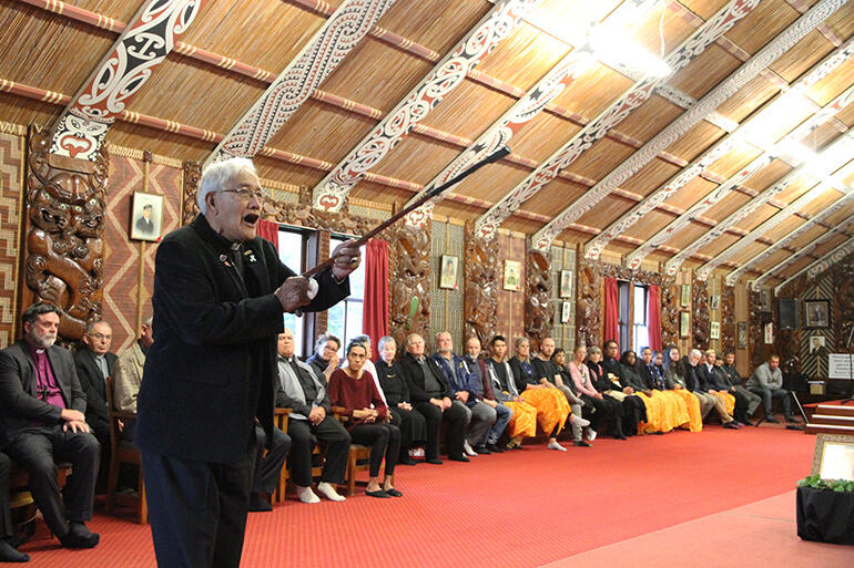 Archdeacon Tiki in full flight during the powhiri for this year's General Synod. This was held in Te Ikaroa a Maui, Owae Marae, Waitara.