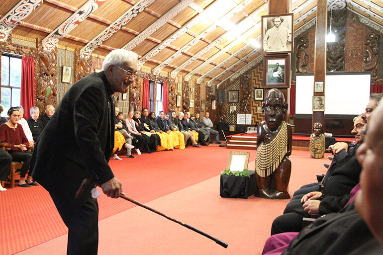 Archdeacon Tiki reinforces a point with the new Pihopa o Aotearoa, during the powhiri for May's General Synod. Archdeacon Tiki reinforces a point with the new Pihopa o Aotearoa, during the powhiri for May's General Synod.