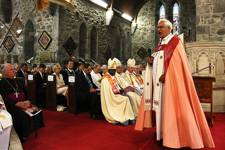 Archdeacon Tiki speaks during the 2010 consecration of St Mary's, New Plymouth, as a full-fledged cathedral. The Archbishop of York listens. Archdeacon Tiki speaks during the 2010 consecration of St Mary's, New Plymouth, as a full-fledged cathedral. The Archbishop of York listens.