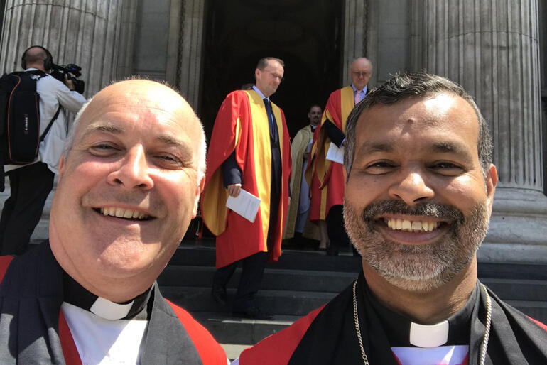 Anglo-Catholic hui keynote speaker Bishop Stephen Cottrell (left) is pictured with Bishop of Bradwell, John Perumbalath in July 2018. Anglo-Catholic hui keynote speaker Bishop Stephen Cottrell (left) is pictured with Bishop of Bradwell, John Perumbalath in July 2018.