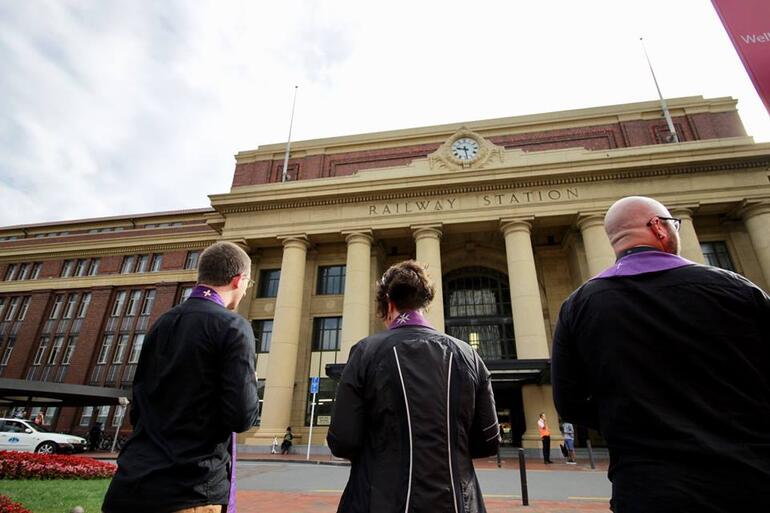 Ready with ashes to go, outside Wellington Station: Revs Scottie, Tric and Joe. Ready with ashes to go, outside Wellington Station: Revs Scottie, Tric and Joe.