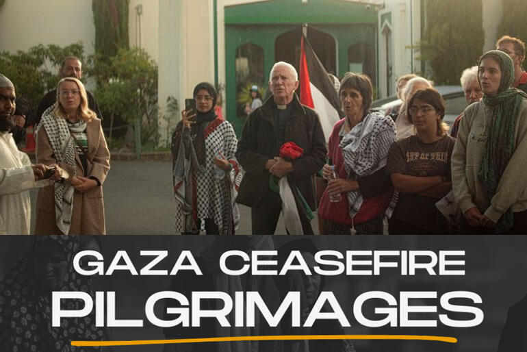 Former Dean of Christchurch Rev Peter Beck joins pilgrims and members of Al Noor Mosque to call for Gaza ceasefire on 9 March 2024.