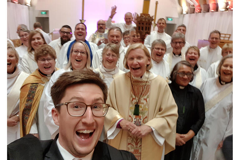 Surprise! The Diocese of Christchurch's Alex Summerlee leaps into the frame to snap a selfie ahead of the formal portraits. Surprise! The Diocese of Christchurch's Alex Summerlee leaps into the frame to snap a selfie ahead of the formal portraits.