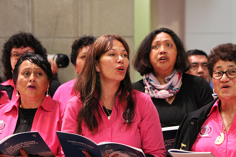 Members of the Auckland Anglican Maori Choir singing The Lord's Prayer during communion.