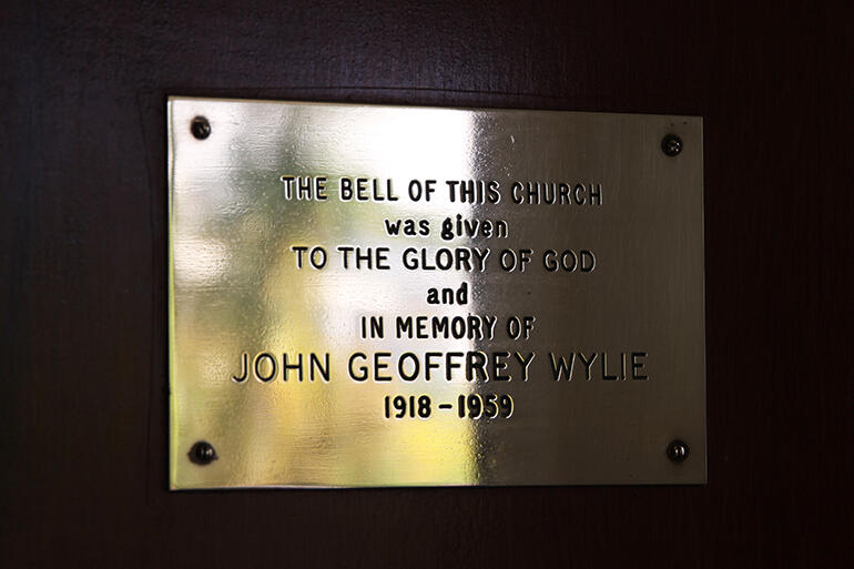 In memory of Geoffrey Wylie - the plaque on the church door which marks the provenance of the bell at St Martin's at St Chad's. In memory of Geoffrey Wylie - the plaque on the church door which marks the provenance of the bell at St Martin's at St Chad's.