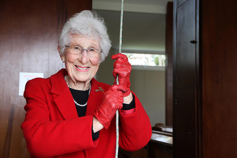 Mrs Alice Wylie at the controls of the bell she had given, nearly 60 years earlier. Mrs Alice Wylie at the controls of the bell she had given, nearly 60 years earlier.
