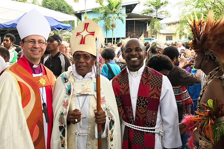 Steve and Bishop Andrew Hedge flank Archbishop Allan Migi, who was installed as the leader of the PNG Anglican Church in September 2017. Steve and Bishop Andrew Hedge flank Archbishop Allan Migi, who was installed as the leader of the PNG Anglican Church in September 2017.