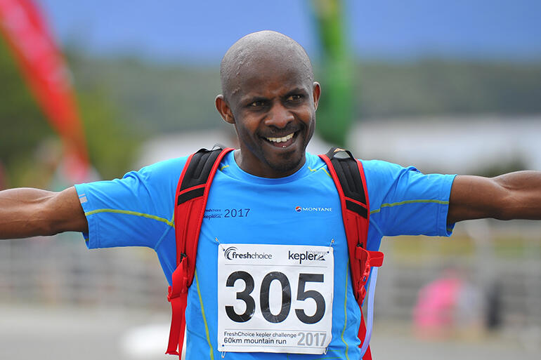 Steve breasts the tape at the Kepler Challenge Mountain Run, which is 60 km long, and New Zealand's top mountain running event.