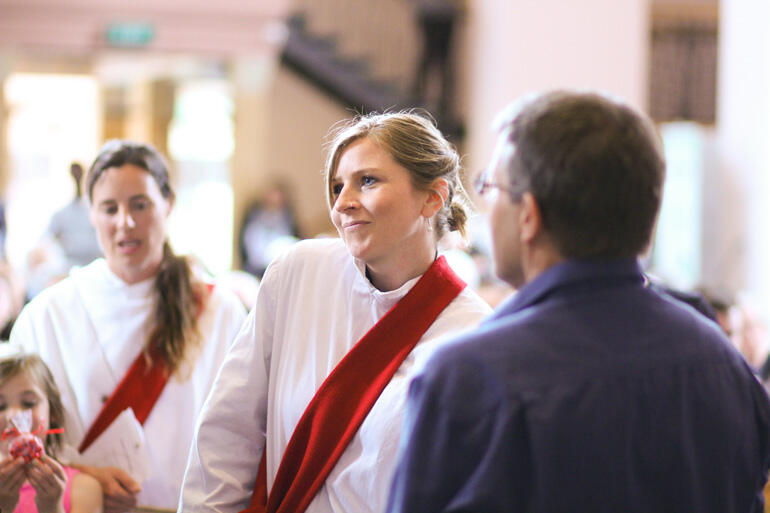 Rev Sonya Lewthwaite, who is Ramsey House Anglican Chaplain at Victoria University, readies to make her vows as deacon.