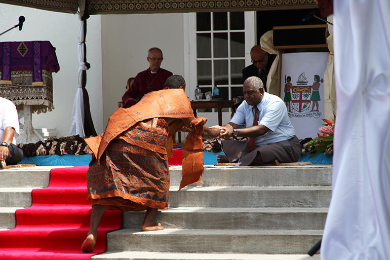 The kava bowl is given to the guests of honour.