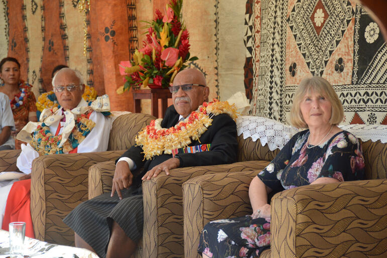 Archbishop Winston Halapua, Fiji PM Hon Sitveni Rabuka and Belinda Holmes at the opening of Moana St Clare Boys' Home. [Image: Trevor Whippy]