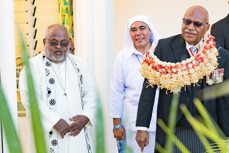 Fr Orisi Vuki & Sr Kalolaine Tu'ineau take Prime Minister of Fiji His Excellency Hon Sitiveni Rabuka on a tour. [Image: FijiGovt]