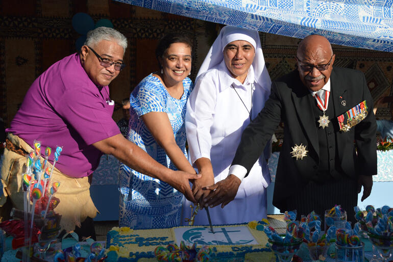 Moana St Clare Boys' Home opens. L-R: Abp Sione Uluilakepa, Renu Chand, Sr Kalolaine Tu'ineau, Hon Sitiveni Rabuka Prime Minister of Fiji.