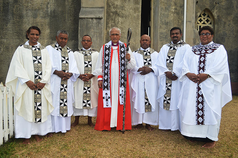 L-R Rev Ruth Lal, Viliame Vereveravatu, Paul Andrews, Archbishop, Peni Wako, Henry Simmonds, Lanieta Tuiwaiwai.