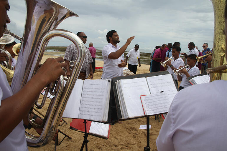 The brass band from St Andrews' High School, Nuku'alofa supplied the music for the Eucharist. The brass band from St Andrews' High School, Nuku'alofa supplied the music for the Eucharist.