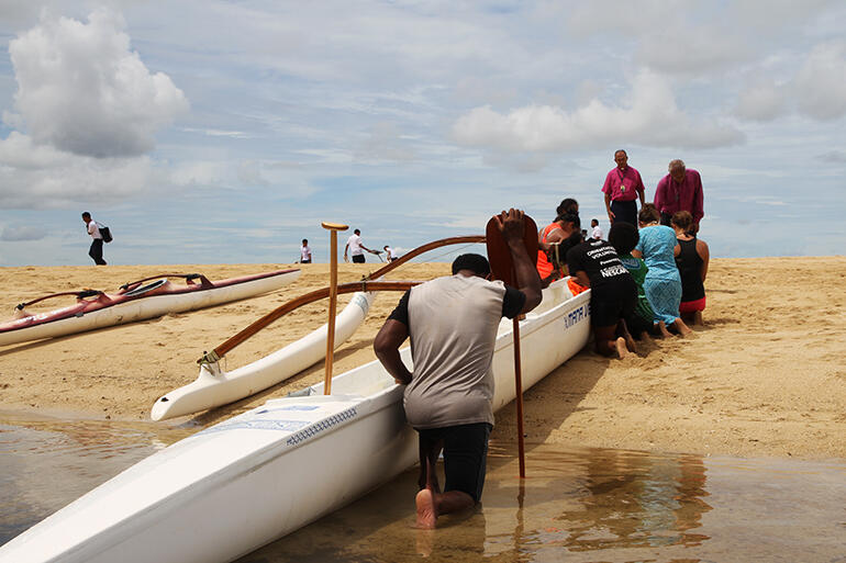 Two outrigger vaka escorted the Uto Ni Yalo to the Sandbank - and Archbishop Winston blessed the boats and their crews. Two outrigger vaka escorted the Uto Ni Yalo to the Sandbank - and Archbishop Winston blessed the boats and their crews.