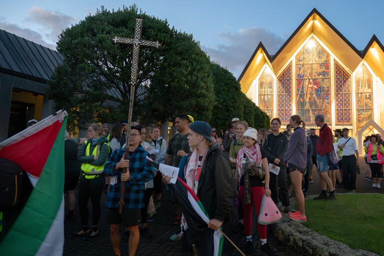 Anglicans join the Tāmaki makaurau Gaza ceasefire pilgrimage as it departs Holy Trinity Cathedral, Auckland,16 March 2024.
