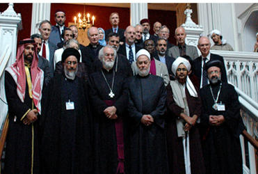 Christian and Muslim leaders gather inside Lambeth Palace at the conclusion of a three-day meeting.